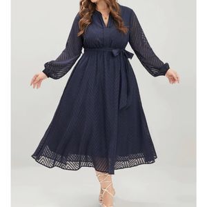 175 BLOOMCHIC Geometric pocket mesh lantern sleeve Maxi Dress NAVY 22-24/3X